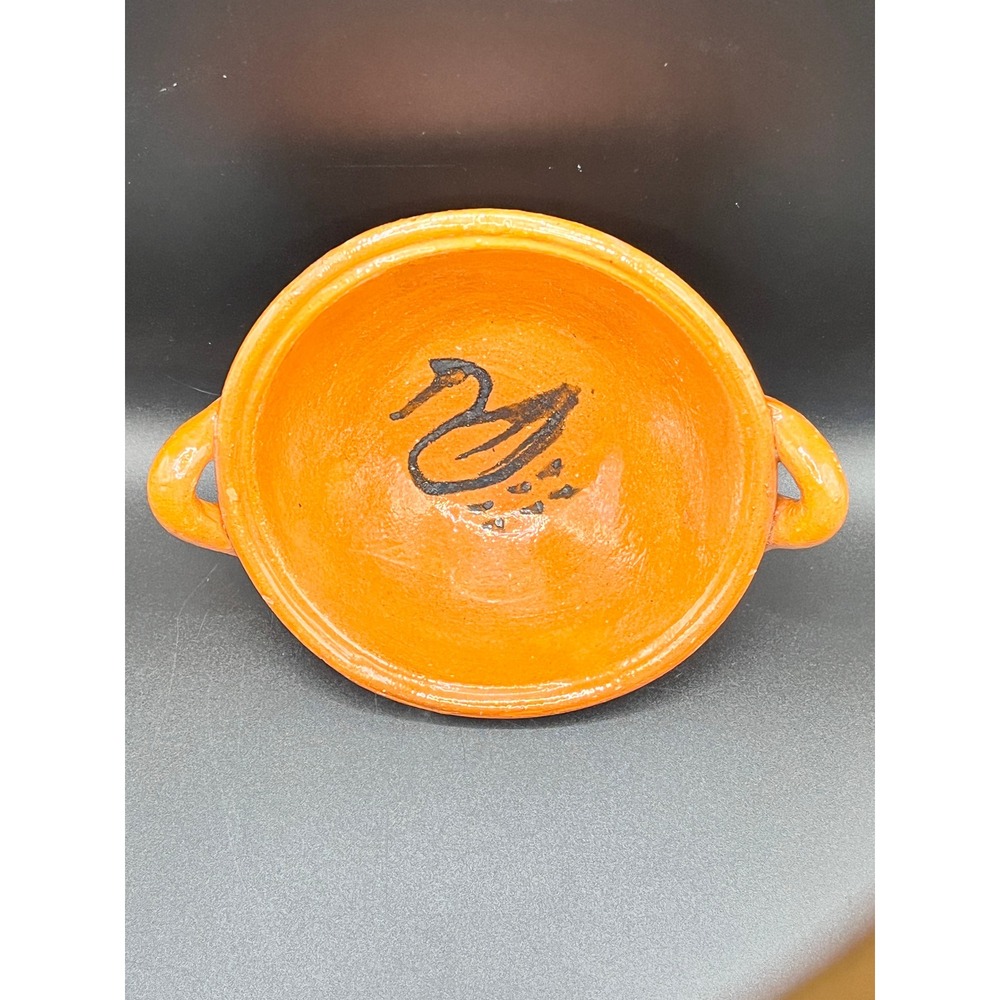 Vtg Handmade Art Pottery Bowl Orange Black Swan Two Handles Small Trinket Dish